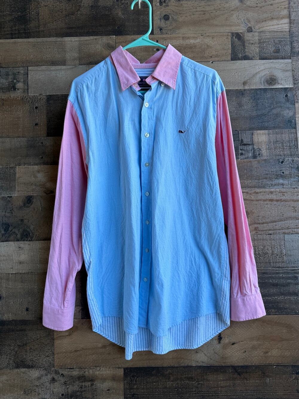 Vineyard Vines Men’s Large Slim Fit Colorblock Whale Shirt Light Blue/ Pink